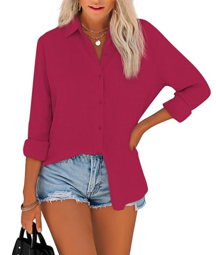 NONSAR Blusa para mujer elegante con cuello, parte superior de manga larga de algodón, blusas casuales y holgadas para mujer, rojo, S