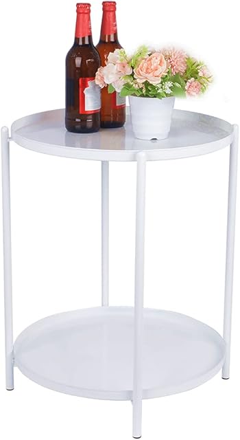 End Table, Round Metal Side Table with 2 Tiers, Indoor & Outdoor Anti-Rust and Waterproof Small Table, Living Room Drink Snack Coffee Tables with Removable Tray, Bedside Nightstand(White)