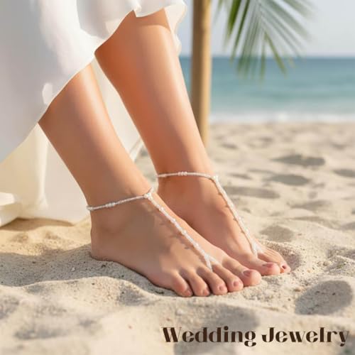 Image of Yalice 2Pcs Layered Pearl Barefoot Sandals Elastic Beaded Foot Chain with Toe Ring Bridal Beach Wedding Foot Jewelry for Women