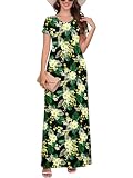 Picture of DEARCASE Women Long Maxi Dress Floral Yellow Green Leaf Small Crewneck Boho Short Sleeve A-line Casual Hawaiian Flowy Beach Vintage Spring Summer Beach Dresses with Pockets