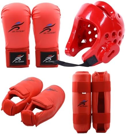Karate Sparring Gear Protective Polyester Taekwondo Sparring Gear Includes 1Pc Helmet, 1 Pair Gloves & 1 Pair Leg Guard, Also for Biking, Martial Art & More, Red, S — view 4