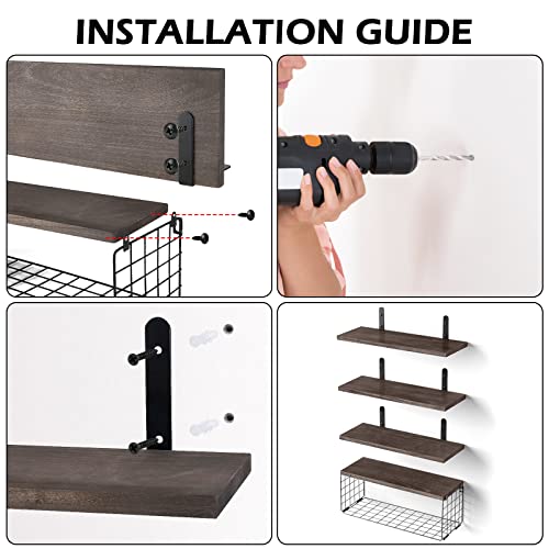 Floating Shelves With Storage Basket, Bathroom Shelves Over Toilet Paper Holder Storage Shelves, Wall Mounted Rustic Wood Shelves For Bathroom, Bedroom, Living Room, Kitchen(Brown, Set Of 4) #TOP7