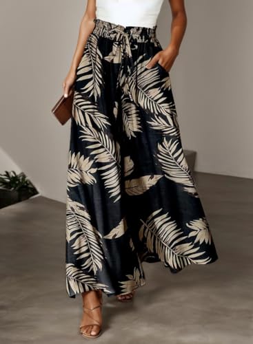 TIAFORD Womens Floral Printed Wide Leg Palazzo Pants Elastic High Waisted Casual Lounge Boho Trousers with Pockets2