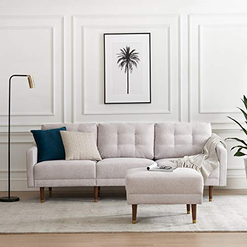 Mopio Savannah Mid-Century Modern Couch, Fabric Upholstered Sofa with Tufted Back and Tapered Gold Caps Legs, Light Gray