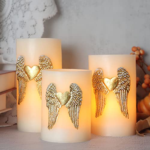 Silverstro Angel Wing Flameless Candles Remote: Prayer Theme Hand-Carved Wing Flickering Led Candles - Real Wax Flicker Wick Battery Candles For Home Wedding Spring Room Valentines Decor - Set Of 3 #TOP3