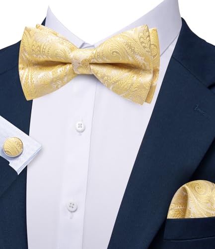 Image of YOHOWA Paisley Striped Men Bow Tie Pre-Tied Formal Adjustable Colorful Bowties Handkerchief Cufflinks Set Wedding Party