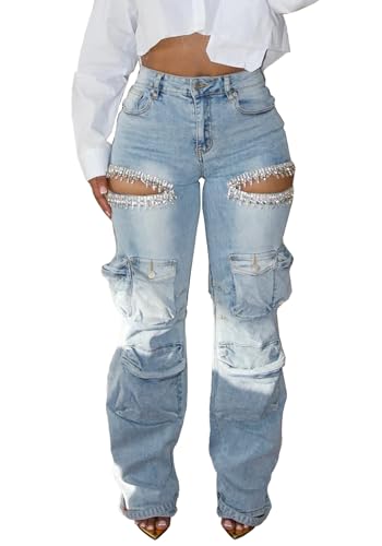 SHINFY Rhinestone Cargo Jeans for Women High Waisted Straight Wide Leg Ripped Jeans Y2K Baggy Denim Cargo Pants, Blue, Large