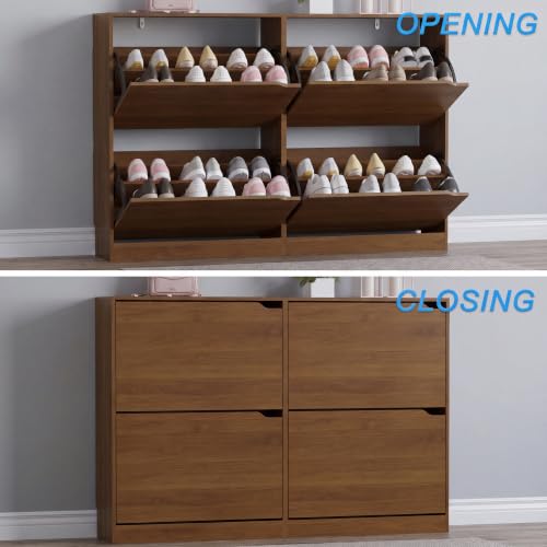 Image of BORNOON Shoe Cabinet with 4 Flip Drawers, Narrow Hidden Shoe Storage Cabinet, Slim Freestanding Shoe Rack Organizer for Entryway, Hallway, Bedroom, Living Room