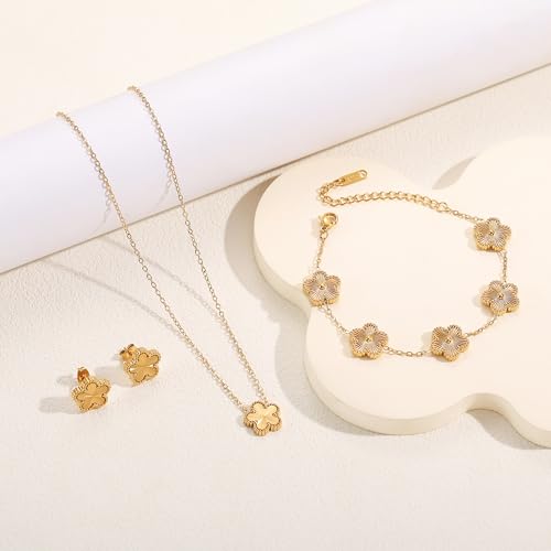 Four Leaf Clover Bracelet Set for Women - 18K Gold Plated Flower Lucky 4 Leaf Necklace Bracelet Earrings Jewelry Sets Gift for Women3