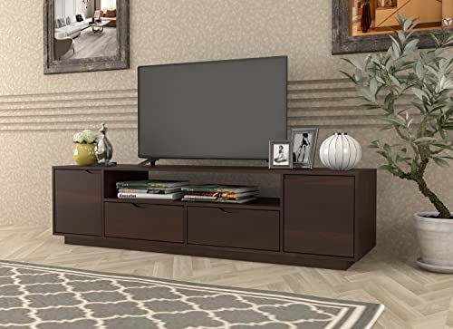 Image of DRIFTINGWOOD Malvina Sheesham Wood Entertainment Tv Unit for Living Room | Free Standing Movable Low Height Tv Cabinet Sideboard | Tv Table with 2 Drawer, 2 Door Cabinet Storage | Walnut