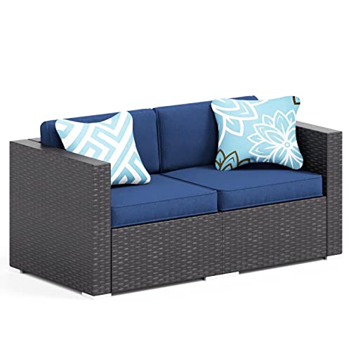 Mfstudio 2 Piece Patio Furniture Set, Outdoor Loveseat Patio Conversation Set Pe Rattan Wicker Sofa With Cushions For Garden Balcony Pool, Navy Blue #TOP30