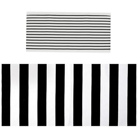 Breezsisan Striped Black White cotton area rug set 2 piece 2'x4.3'+3'x5' ft Washable Small Throw Rug Layering DoorMat Rug Porch Carpent Cover