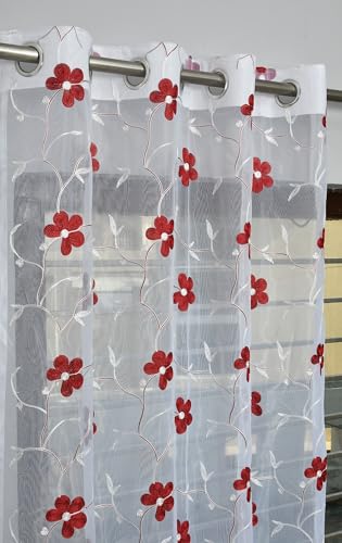 Image of Embroidery Floral Net Transparent Sheer Curtain - 9X4 Feet, Long Door Curtains, Maroon, Pack of 1 Pc