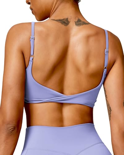 Image of QUOJIZY Sports Bras for Women Open Back Workout Tops for Women Yoga Bra Spaghetti Straps Twist Back