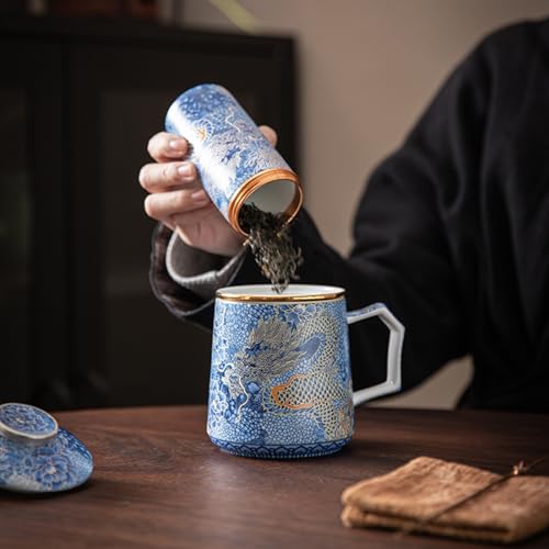 Miniatura 3 de Fanquare Tazas De Té Chinas Loong Taza De Té De Porcelana Azul Con Infusor Y Tapa Taza Grande De Cerámica Tradicional Con Asa