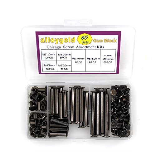 Alloygold 120 Pcs M5 x 6/10/20/30/40/50 Gun Black Phillips Chicago Screws Binding Screw Posts,Scrapbook Photo Albums Binding Screws Assorted Kit 6 Sizes for Leather Saddles Purses Belt Repair