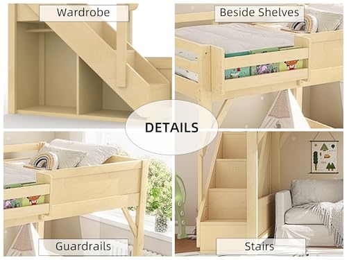 Image of KEIKI Solid Wood Full Size Loft Bed Frame with Stairs, Built-in Wardrobe and Storage Space, Full Loft Bed with Shelves, Full-Length Guardrails, No Box Spring Needed for Bedroom, Natural
