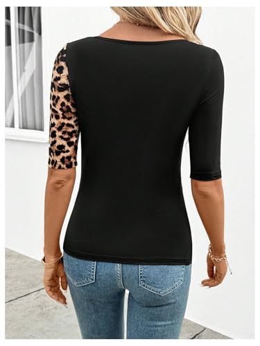 SOLY HUX Women's Leopard Print T Shirt Asymmetrical Neck Half Sleeve Tee Going Out Slim Fitted Tops2