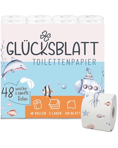 Glücksblatt Toilettenpapier mit bedruckten Motiven, 3-lagig, 48 Rollen x 150 Blatt, 100% Zellstoff, superweiches Klopapier, WC Papier, Verpackung aus mind. 30% PCR