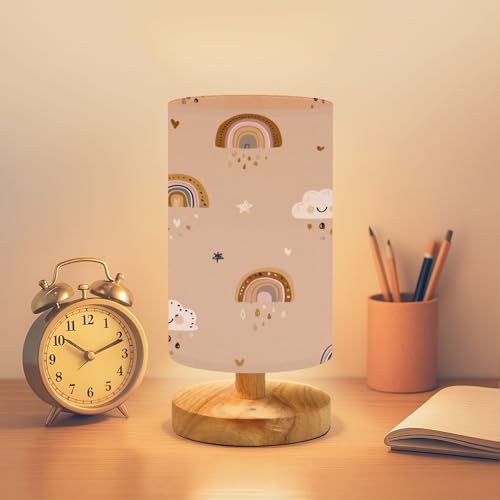 Bedside Table Lamp Cute boho rainbow seamless Creative childish print for fabric textile Dimmable Desk Lamp with Flaxen Fabric Shade Wood Base Nightstand Small Lamp for Bedroom Living Room Home Gift