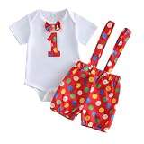 JENJON Bebé Niño 1er Cumpleaños Ropa Wild One Estampado Top de Caballero+ Pantalones Cortos con Tirantes Conjunto de Verano Trajes Compleannos Lunares rojos 12-18 Meses
