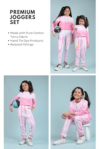Image of Tweeny Mini Girls Kids Pure Cotton Terry Joggers Set | Tie Dye Co ord Set Winter Combo Outfit with Full Sleeves Sweatshirt and Pants | Relaxed and Comfortable Fittings