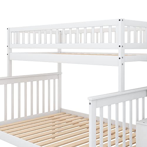 CITYLIGHT Twin Over Full Bunk Beds with Stairs, Wood Bunk Bed with Storage and Guard Rails,Stairway Bunk Beds Twin Over Full Size for Kids, Bedroom, Dorm, Teens, Adults,White