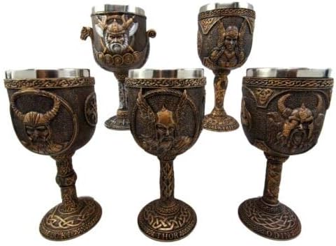 Miniatura 2 de Ebros Gift Mitología nórdica Dioses vikingos y diosa Odin Loki Thor Valkyrie y Valhalla Battle Longship 7oz cáliz de vino de resina con copa de