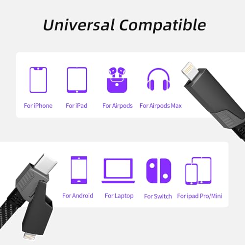 4-Ft 4-in-1 65W Firsting USB-A/C to USB-C/Lightning Fast Charging Cable w/ E-Mark Chip (Dark Black) - image 7