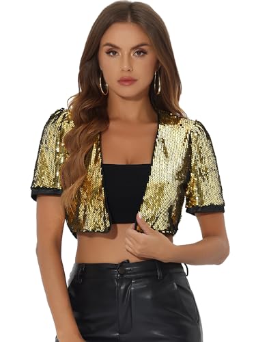 Image of Allegra K Sequin Cardigan for Women Puff Sleeve Open Front Jacket Sparkly Glitter Cropped Shrug Bolero