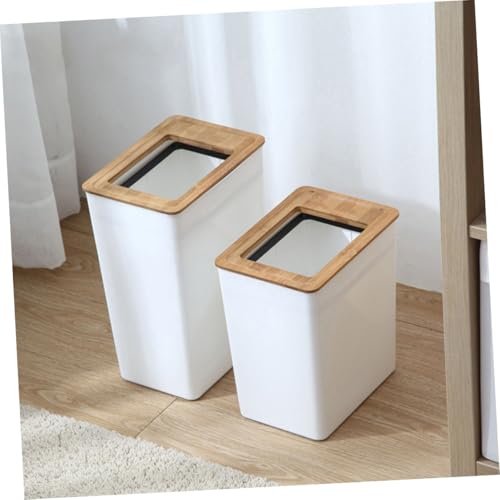 Bote de basura minimalista con tapa de madera blanco rectangular miniatura 7