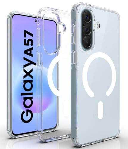 Image of RIGGEAR Shockproof Clear Hybrid Armor Magnetic Back Cover Case Compatible with MagSafe Accessories for Samsung Galaxy A57 5G (Transparent PC and TPU Bumper)