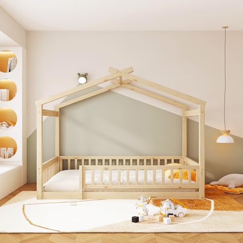 image for Merax Full Size Wooden House Bed with Fence, Wood Bed Frame with Roof 