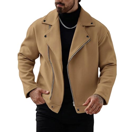 Slxbear Chaqueta de lana sintética para hombre, chaqueta bomber recortada, ajustada, asimétrica, con cremallera, con bolsillos, casual, solapa de muesca, cortavientos, talla S-XXL, #01 Caqui, XL