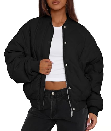 PRETTYGARDEN Womens Quilted Bomber Jacket Fall Fashion 2026 Lightweight Cropped Zip up Outerwear Winter Puffer Coats Pockets (Black X-Large)