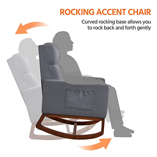 Yaheetech Rocking Chair Nursery Upholstered Glider Chair With Rubber Wood Legs Side Pocket, Rocking Accent Armchair For Living Room, Gray #TOP6