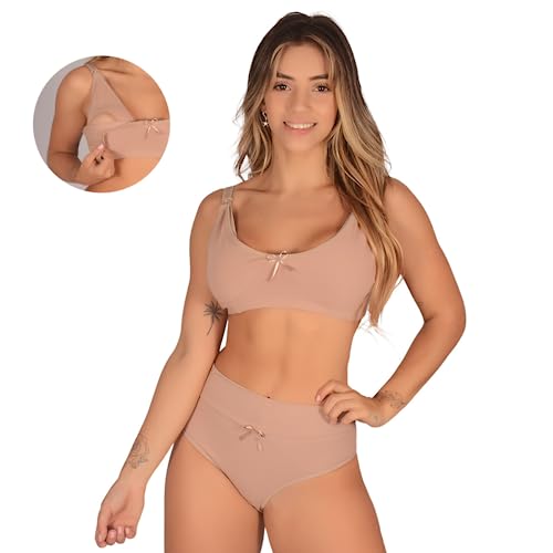 Kit com 2 Conjuntos (Sutiã de Amamentação +Calcinha Pós Parto Alta) Feminino Confortável Gestante Su