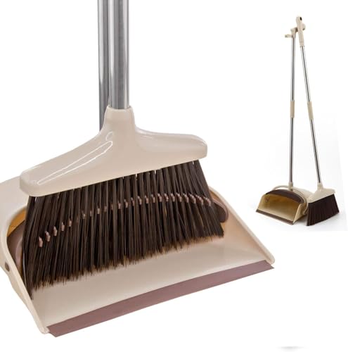 Image of Broom and Dustpan Set with Long Handles, Upright Standing Dustpan, 26 cm Wide Pan, Detachable Handle Design