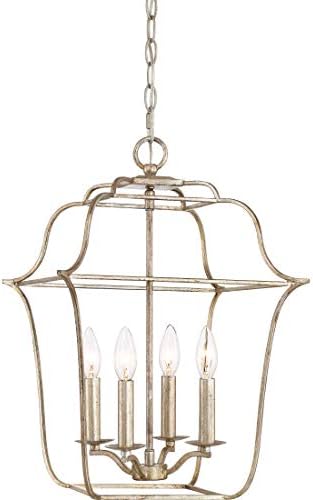 Quoizel Gallery Pendant Lighting, 14 Inch 4-Light Century Silver Leaf Lantern-Style Chandelier, Max Hanging Height 121", Ceiling Light Fixture for Kitchen Island, Hallway, Bedroom, Foyer, Cafe or Bar