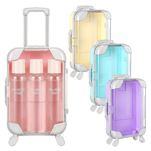 hurifeng 4 Pack Mini Suitcase Party Favor Boxes Plastic Candy Storage Case with Wheels & Handle Clear Lid for Jewelry Cosmetics Travel Theme Party Supplies(Pink Purple Blue Yellow)