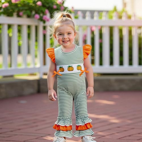 Newborn Baby Girl Halloween Outfit Pumpkin Romper Striped Bell Bottom Flare Jumpsuit Infant Halloween Clothes3