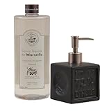 Maison Du Savon De Marseille – Olivenöl Flüssigseife mit nachfüllbarem schwarzem Keramikspender – Küchen- & Badzubehör – natürlicher Duft – 1-Liter-Nachfüllung und 300-Milliliter-Spender