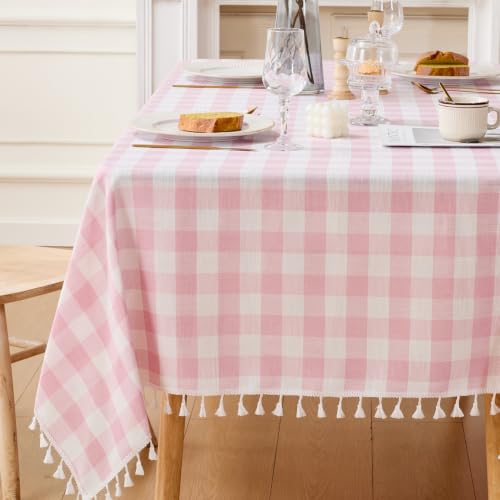 JIALE Gingham Tablecloth Rectangle Cotton Linen Fabric Checkered Table Cloth with Tassel Washable Wrinkle Free Buffalo Plaid Table Cover for Valentines Day Spring Picnic Kitchen Dining, Pink, 55x90