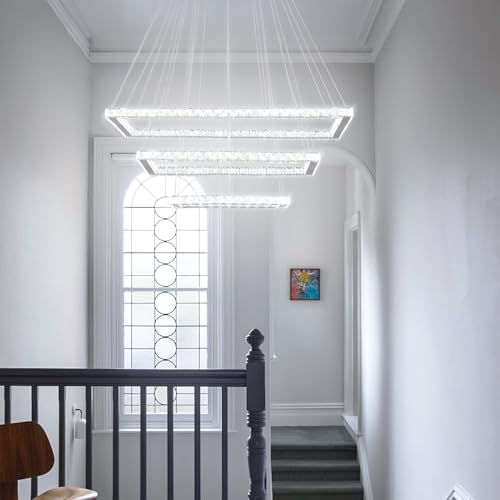 Finktonglan 31.4 inch Modern Crystal Chandelier, 3 Rectangular LED Rings Chandeliers Pendant Ceiling Light for Dining Room Kitchen Island Stair Well (6000K Cool White) by Finktonglan - Image 7