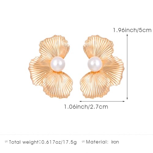 Chunky Gold Flower Pearl Dangle Earrings Dainty Large Floral Leaf Pearls Drop Dangly Earring for Women Vintage Trendy Ginkgo Leaves Statement Jewelry3