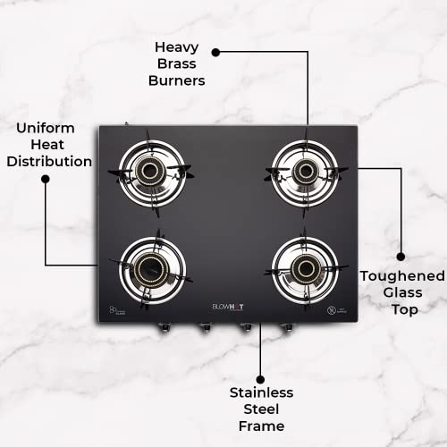 BLOWHOT-Heavy-Brass-Burner-4-Burner-Auto-Ignition-Gas-Stove-Blue-Flame-Toughened-Glass-Cook-Top-Stainless-Steel-Frame-1-Year-General-Warranty-2-Years-On-Burners-Gas-Valves-Glass