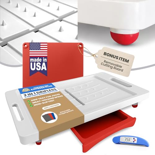 XL Deluxe Meal Prep System Cutting Board - Large Carving Board with Meat Thermometer, Juice Groove, Spikes, Drip Tray & Removable Board - BBQ Essential & Kitchen Gifts - BPA Free Cutting Board - Red