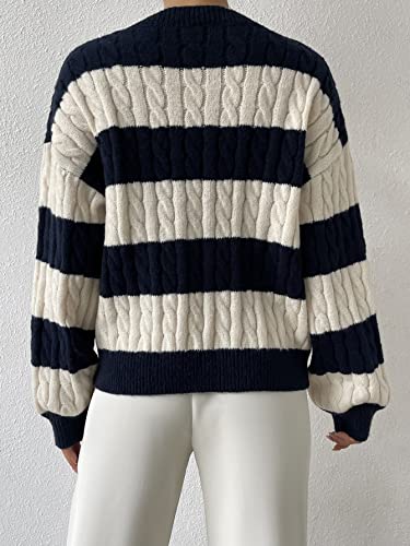 Image of SHENHE Women's Oversized Cable Knit Colorblock V Neck Striped Long Sleeve Sweater Pullover Multicolor XS