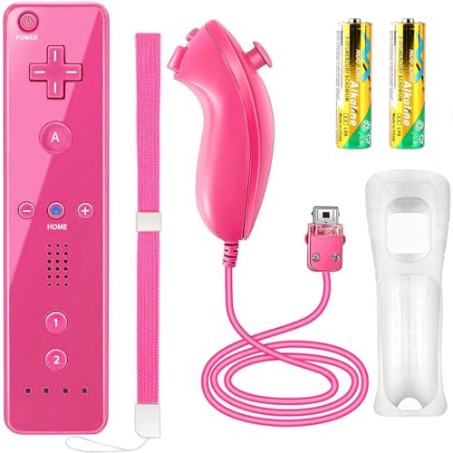 Image of Compatible with Nintendo Wii Controller, Wii Remote with Nunchuck and Nunchuck Controller with Silicone Case and Wrist Strap for Wii and Wii U, Included 2 AA Batteries (Pink)