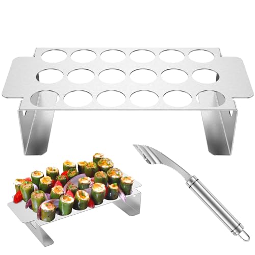 Abizarch 2Pcs Jalapeno Poppers Rack for Grill with Pepper Corer Tool, 18 Holes Poppin Popper holder jalapeños Vooker Pepper Grilling Rack, Stainless Steel Chili Roasting Rack BBQ Pepper Holder
